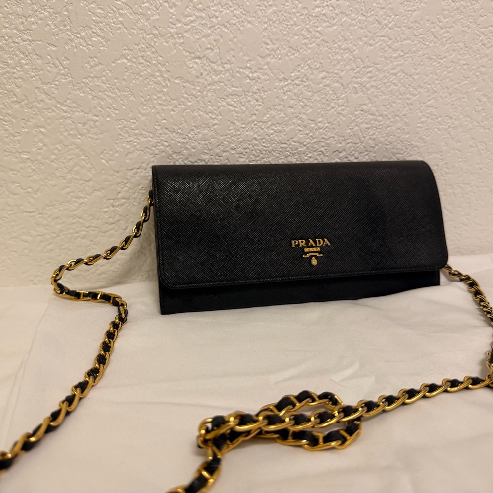 Prada Saffiano Leather Lux Metal Clutch with Chain Strap